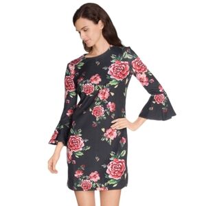 Guess Roses Boulevard Floral Feminine Elegant Bell Sleeves Black Lucy Dress